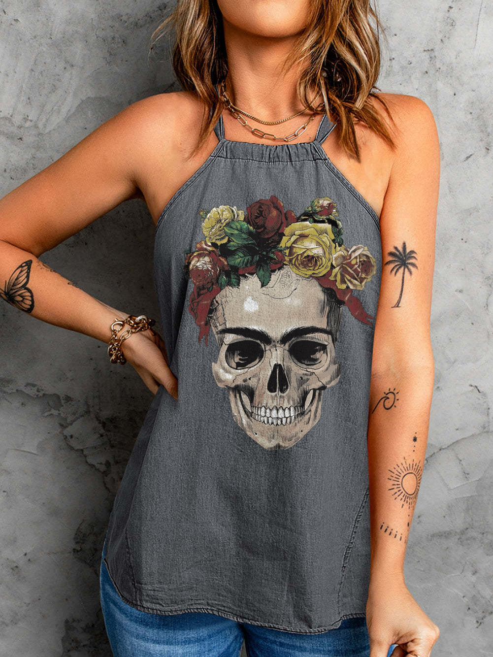 Skull Flower Halter Loose Vest