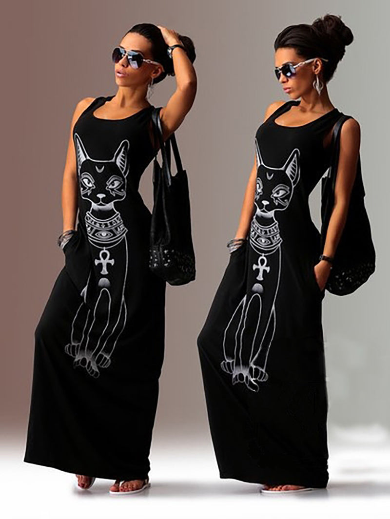 Women's Kitten Print Sleeveless Long Dress