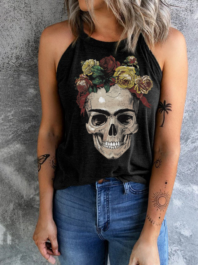 Skull Flower Crew Neck Sleeveless Vest
