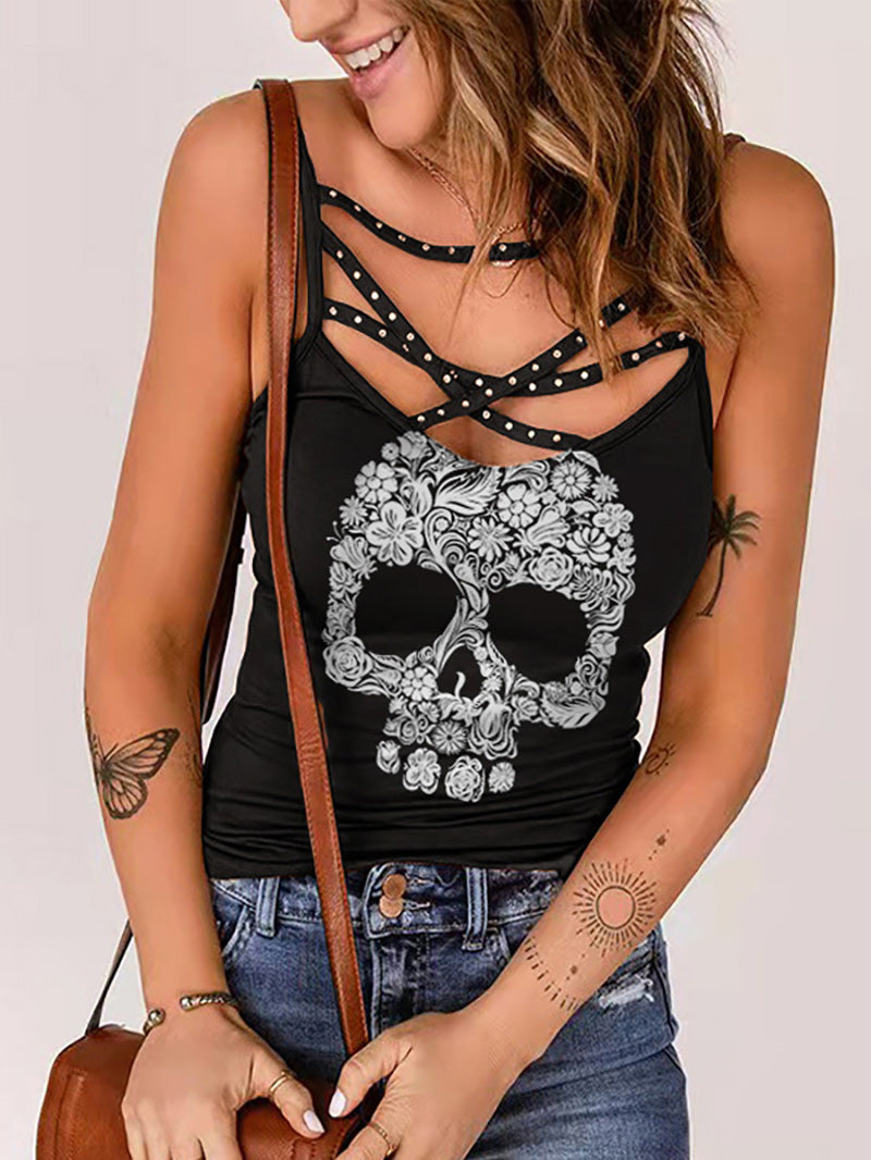Punk Skull Print Women's Hot Rhinestone Casual Camisole