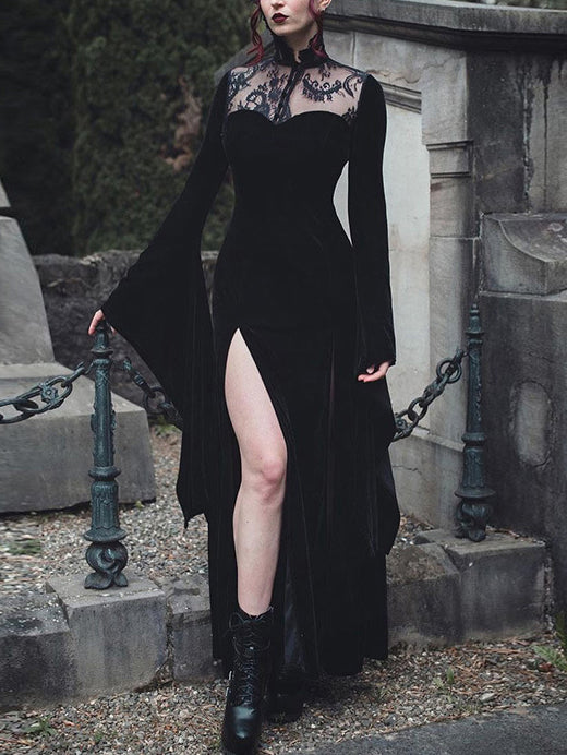 Lace Cutout Splicing Long Flared Sleeve Dress